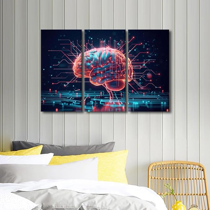 Framed Wall Art Artificial Intelligence Brain Cloud Networking Pictures Print for Living Room Decoration 3 Panel Modern Wall Art AI Concepts Artwork Ready to Hang, 36" Wx24 H
