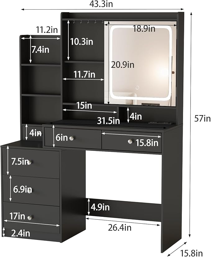 Black Vanity Desk Set with Led Mirror,Makeup Vanity Table with Power Strip,Dressing Table with Stool & Lots Drawers,3 Lighting Color Mirror,Brightness Adjustable