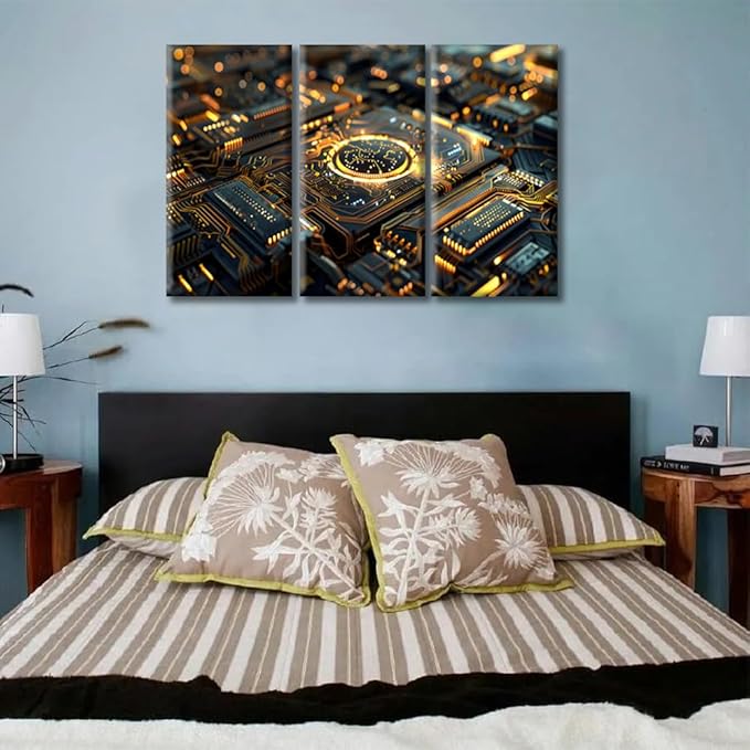 3 Panels Posters & Prints Advanced Circuitry Canvas Wall Art Computer Processors CPU Picture Prints Wall Decor Giclee Wooden Framed Gallery-Wrapped Ready to Hang (36"Wx24"H)