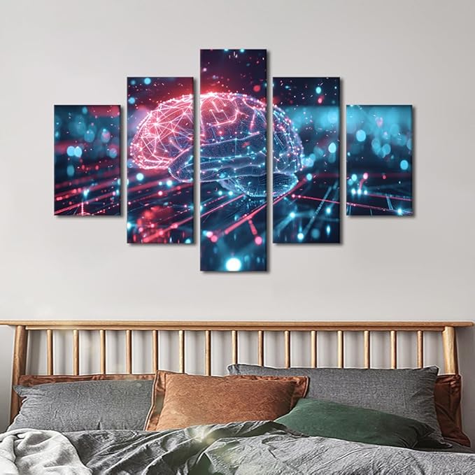 5 Panel Digital Human Brain Canvas Printing Futuristic Technology Wall Art for Living Room AI Artwork Wall Art Artificial Intelligence Picture Frames Collage Wall Decor Canvas Artwork House 60"Wx40"H