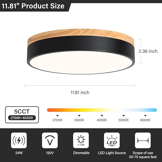 Modern LED Ceiling Light, Dimmable Wood Flush Mount Ceiling Lighting Fixture, 5CCT Round Wood Close to Ceiling Lamp for Kitchen Hallway Bathroom Office Laundry Room Entryway Nursery(Black& 11.81 in)