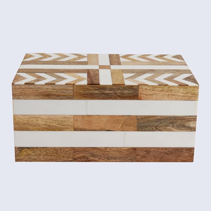 Handicrafts Home White Large Decorative Storage Box with Lid Wooden Memory Box Keepsake Storage Box Photo Storage Box for Home Organization – Resin Inlay Patisserie Adorn Collection- 10x5x5
