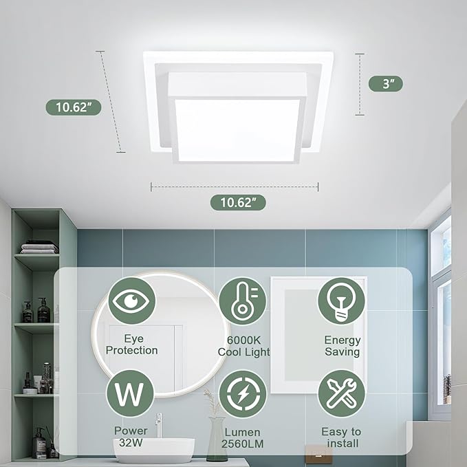 Modern LED Ceiling Light Fixtures, Hallway Ceiling Light Fixture, Bathroom Ceiling Light Fixtures 32W 6000K, Square Ceiling Light for Kitchen Living Room Bedroom Bathroom