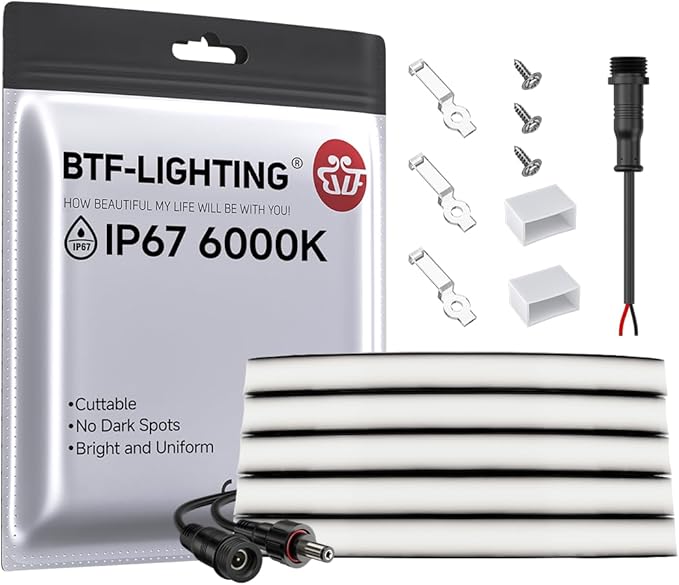 BTF-LIGHTING FCOB COB LED Strip IP67 Waterproof Flexible High Density Uniform Diffused Neon Light 16.4FT DC24V Cool White 6000K CRI 90+ LED Ribbon Black for Indoor Decor(No Adapter or Controller)