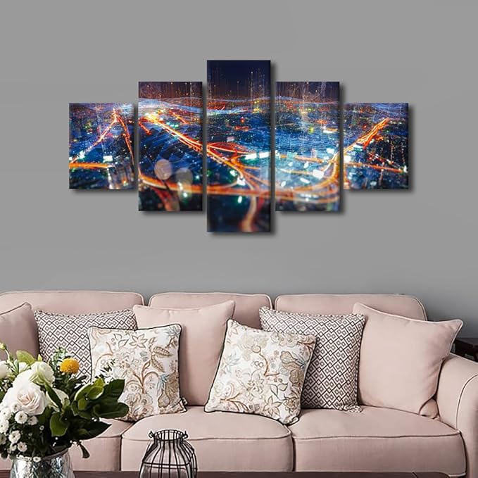 Rebotipy 5 Panel Canvas Wall Art Connection Concept Picture Printing Futuristic Communication Poster Communication Company Meeting Room Decoration Big Data Worker Living Room Decor Artwork 60x32 Inch