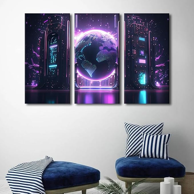 Digital World Poster Modern Wall Art 3 Piece Cyber Space Posters for Bedroom Living Room Wall Decoration, Wooden Framed Gallery-Wrapped Ai Artwork Ready to Hang, 60" Wx40 H