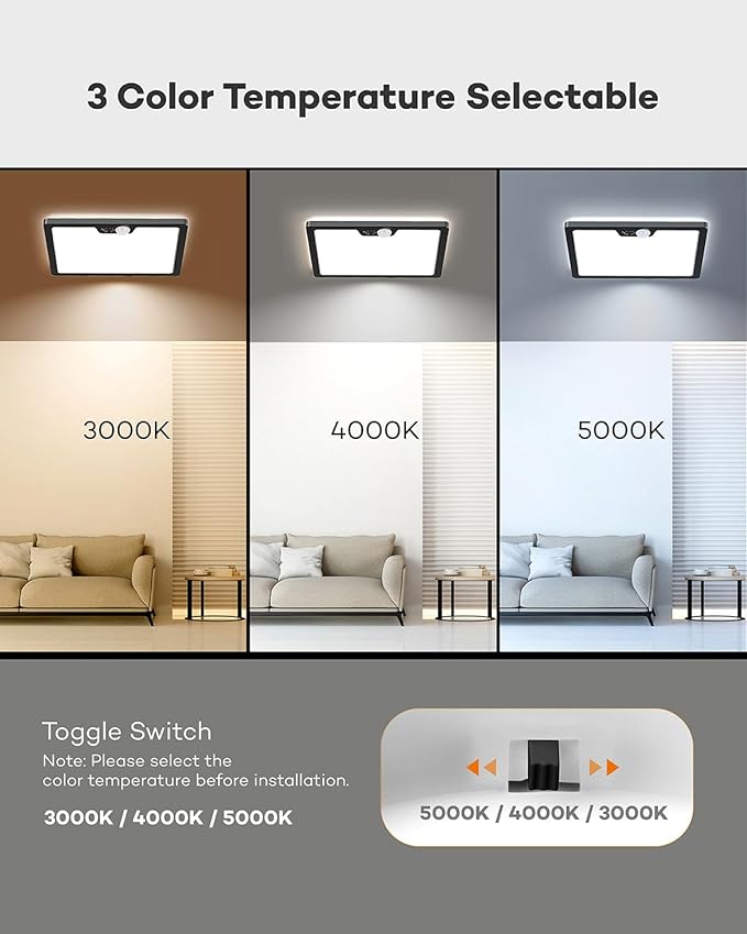 12in Motion Sensor Ceiling Light Wired, 3000K 4000K 5000K Selectable, 24W Flush Mount Square Motion Ceiling Light with 3 Timer for Closet Porch Stairs Hallway, Black