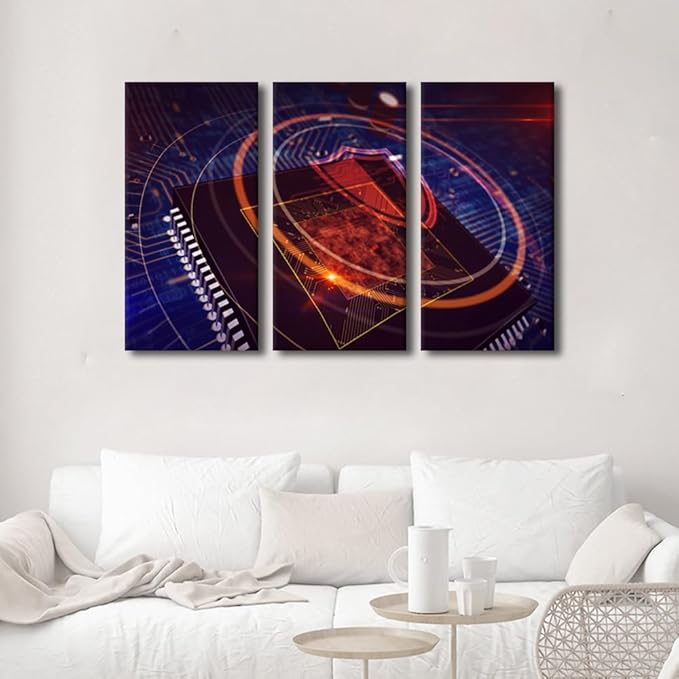 Bedroom Wall Art 3 Panels CPU Posters Print on Canvas Wall Decor for Living Room Bedroom, CPU Security Lock Artwork Stretched Framed Gallery-Wrapped Ready to Hang, 36" Wx24 H