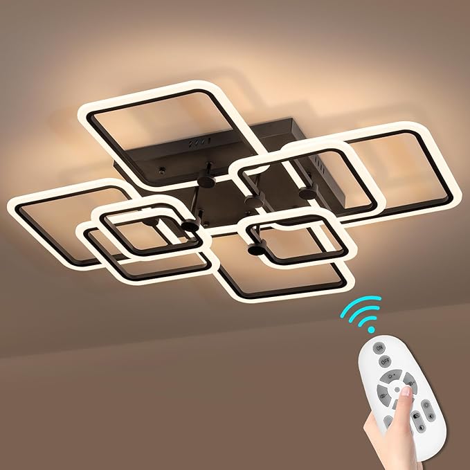 Dimmable Modern LED Ceiling Light 8-Square Black Flush Mount LED Ceiling Light with Remote for Living Room Bedroom Close to Ceiling Light Fixture