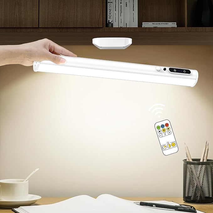 Hapfish Motion Sensor LED Light Bar Indoor, Rechargeable Under Cabinet Lighting Wireless, Magnetic Battery Powered Operated Wall Strip Lights with Remote Control for Mirror Closet Counter - White
