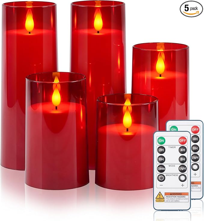 Raycare Flameless Candles Battery Operated with Remote Timer, Acrylic Flickering LED Pillar Candle for Valentine's Day Decoration, Home Decor, Gift for Family and Friend, Red, Set of 5