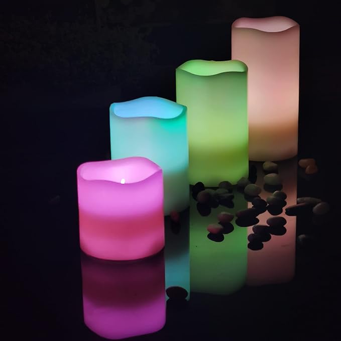 CANDLE CHOICE Battery Operated Color Changing Flameless Candles with Remote Timer Real Wax Realistic Flickering Electric Multicolor LED Pillars Lights for Home Wedding Christmas Decorations 4 PCS