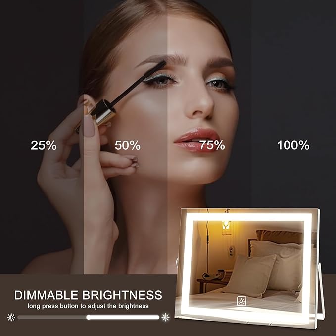 14 Inch LED Vanity Makeup Mirror with Lights, Large Metal Frame Lighted Tabletop Mirror with 3 Color Dimmable Touch Control, 360° Rotation for Bedroom Dressing Table