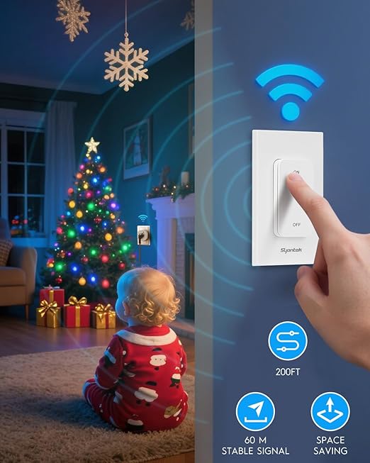 Remote Control Outlet 15A/1875W Removable Wall Mounted Remote Light Switch, Wireless Light Switch 200FT, Electrical Plug On Off Outlet Switch for Lamps, Fans, Christmas Lights, Programmed