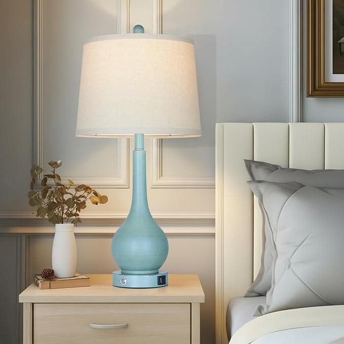 26" Farmhouse Table Lamps for Living Room Set of 2, 3-Way Dimmable Touch Control Bedside Lamp with USB A+C Ports, Retro Blue Nightstand Lamps for Bedroom (2 LED Bulbs Included)
