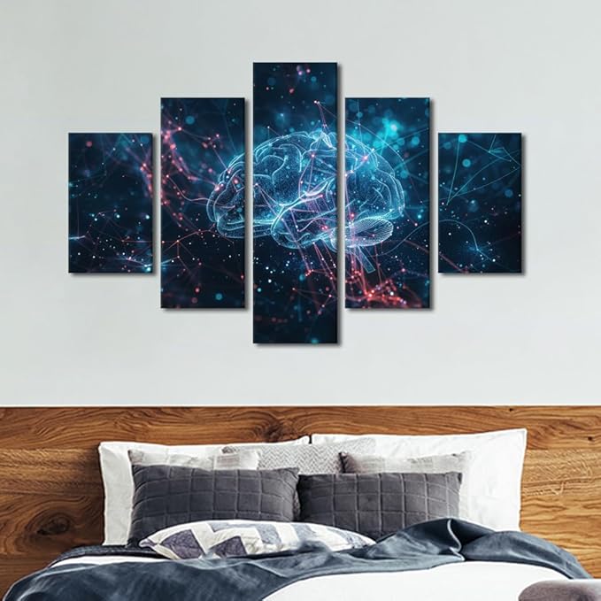 5 Panel Wall Decor Modern Technology Paintings Canvas Wall Art Framed Human Brain Poster for Boys Bedroom Artificial Intelligence Painting Wall Decor Art Work for Home Decor Living Room 60" Wx40 H