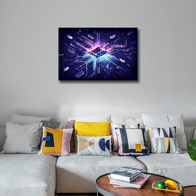 TUMOVO Canvas Wall Art for Bedroom AI Cyberpunk Tech Wall Paintings for Living Room Circuit Board Chip Office Modern Wall Art CPU Concept Pictures Print On Canvas Giclee Framed, 24x16in