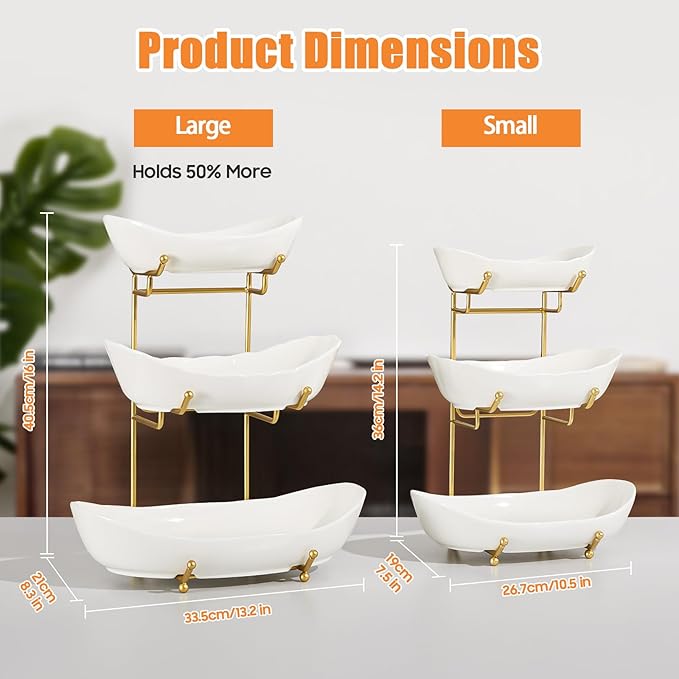 Ceramic Fruit Bowl for Kitchen Counter - 3 Tier Fruit Basket with Metal Stand, Tiered Fruit Stand for Countertop, Snack, Nuts, Cake, Dessert, Cute (Gold, Large)