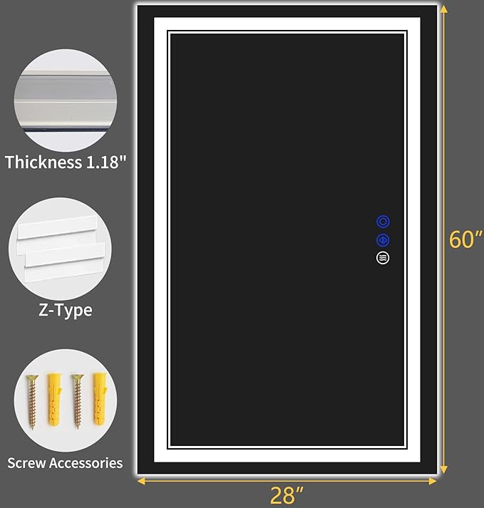 60"x28" LED Bathroom Mirror with Anti-Fog, Stepless Dimmable Lights, 3 Color Modes, Shatter-Proof Tempered Glass,Waterproof Design