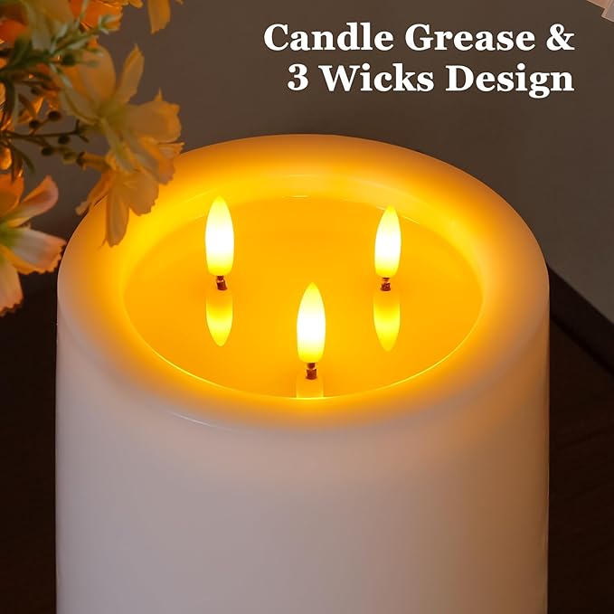 3-Wick 6"x6" Extra Large Real Wax Flameless Pillar Candles with Remote Control and Timer Function, Candle Grease White Battery Operated LED Flickering 3D-Wick (Long Lasting, Warm Fire)