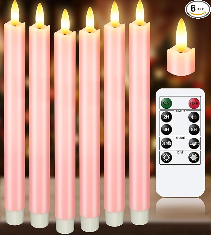 KSWING Upgraded Real Wax LED Flameless Pink Taper Candles with Remote, 6 PCS Candlesticks Battery Operated 3D Flickering - 9.6" Long Realistic Fake Candle Sticks for Home/Wedding/Fireplace Xmas Decor