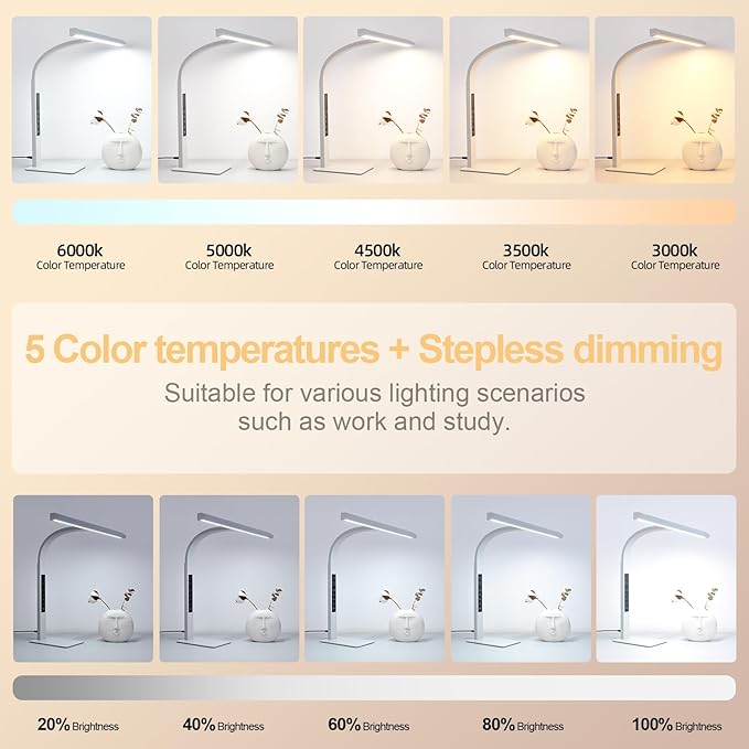 LED desk lamp for home office, architect computer work light,Touch color temperature stepless dimming and adjustable flexible gooseneck tube. desk lamp with clock , suitable for reading and studying.