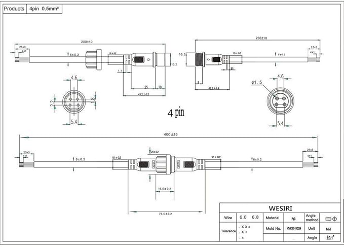 5Pairs 4pin Black Electrical Connector LED Connector for LED Lights 20cm Extension Cable 40cm/Pair 0.5mm² 22mm Nut