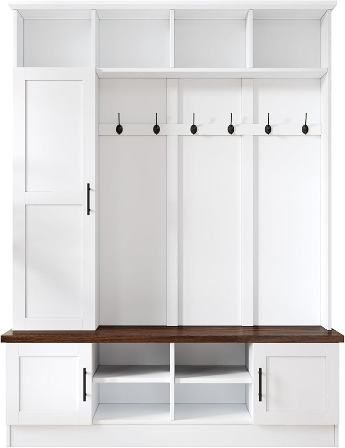 Versatile 3-in-1 Hall Tree with 6 Hooks, Farmhouse Walnut Storage Bench with Adjustable Shelves, 55" W Entryway Coat Rack with Multiple Storage Space for Mudroom, Living Room (White-7)