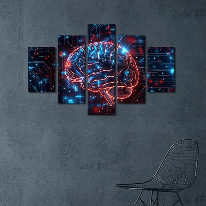 5 Panel Canvas Wall Art for Living Room Artwork Home decor Artificial Intelligence Technology Wall Pictures for Bedroom Digital Brain Posters and Prints Modern Painting House Decorations 60"Wx40"H