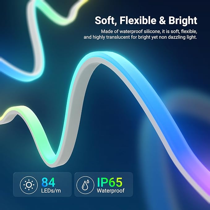NEEWER 16.4ft/5m LED Strip Lights Front Lit, Smart AI App Control RGB Cuttable Neon Rope Light Color Change for Bedroom Gaming Room Home Indoor Wall Decor, Compatible with Google Assistant Alexa, NS01