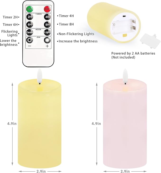 Pastel Flameless Candles, Set of 2 6"x3" Flickering Spring LED Candles with Remote & Timer, Dimmable Real Wax Easter Pillar Candles Battery Operated, Electric Candles for Home Spring Easter Decor