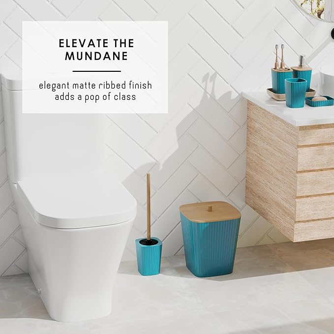 Clara Clark Bathroom Set - Teal Bathroom Accessories Set, 6PC Bathroom Accessory Set, Bathroom Sets with Adhesive Corner Shower Caddy Hanging, Toilet Brush, Trash Can & Soap Dispenser
