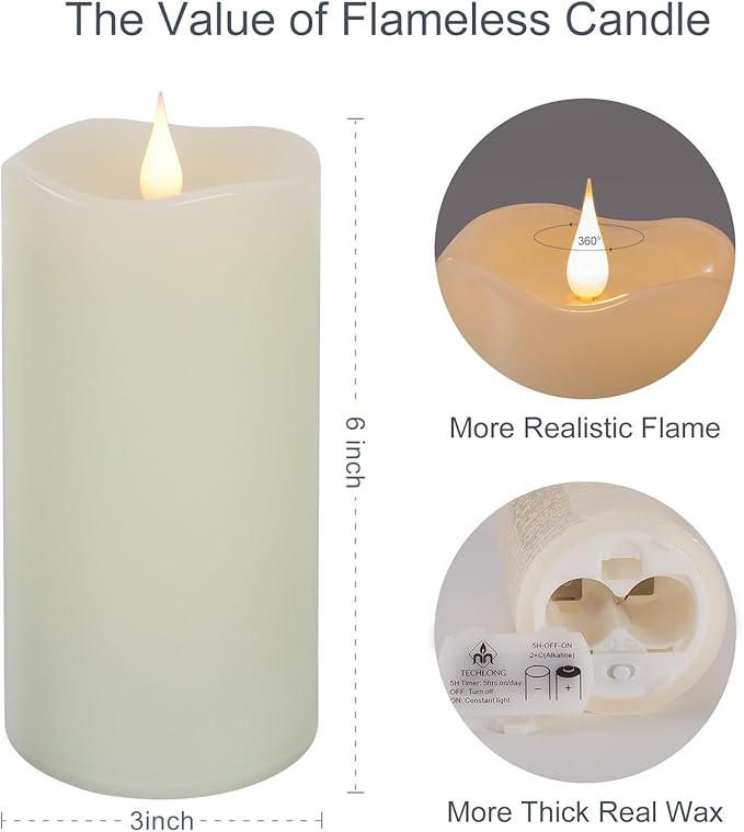 Flameless Candles with Remote Timer, 3D Moving Flickering Flame Battery Operated Candles Lasting 1000+ Hours, 6" x 3" Ivory Real Wax Electric LED Pillar Candles, Set of 2