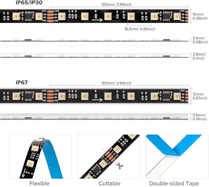 BTF-LIGHTING WS2805 IC RGBCCT Addressable Dual Data LED Strip 5050SMD 16.4FT 60LED/m 10Pixel/m 5 Colors in 1 Chasing Color RGB+CCT 3000K-6500K Lights Strip IP30 DC24V(No Adapter or Controller)