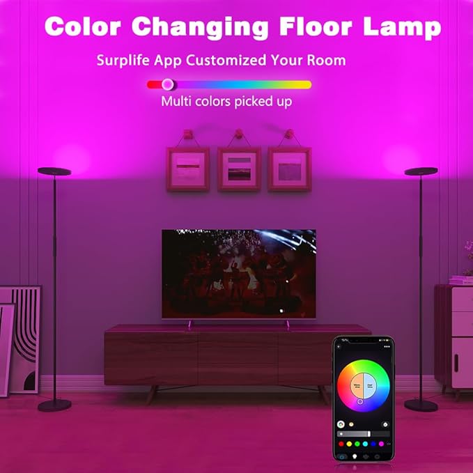 YHW Living Room Floor Lamp, Smart 2000LM Bright Floor LED Lamps, 16 Million RGB Dimmable Color Temperature Standing Tall Lamp with Remote Touch Button, Adjustable Angle Floor Lamp for Bedroom Office.