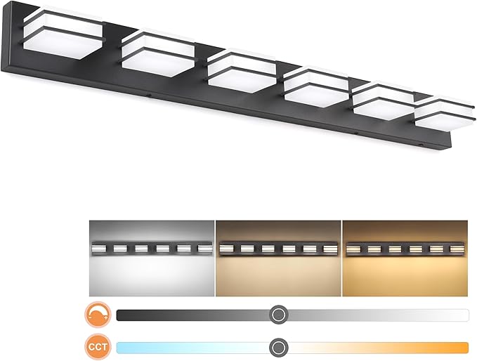 3 Color Temperature Dimmable Vanity Lights for Bathroom, Black 6 Light Vanity Light Fixtures, Acrylic Stainless Steel Square Shade Light Fixtures for Bathroom Above Mirror, ETL Certificated