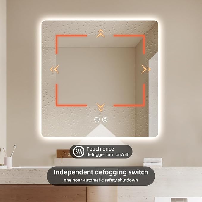 36" x 36" Frameless LED Bathroom Mirror with Lights, Lighted Vanity Mirror with Anti-Fog, 3-Color Stepless Dimmable, Memory, Shatterproof, UL-Listed, Wall Backlit Mirror