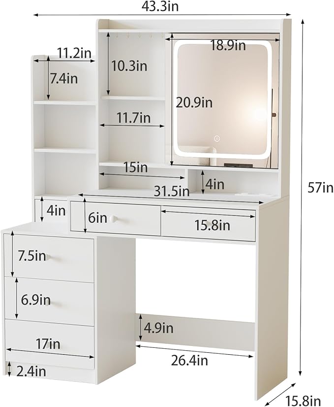 White Makeup Vanity with Led Mirror and Power Strip,Vanity Desk with Lots Drawers & Openable Mirror,3 Lighting Colors,Open Storage Shelves,Dressing Table for Bedroom