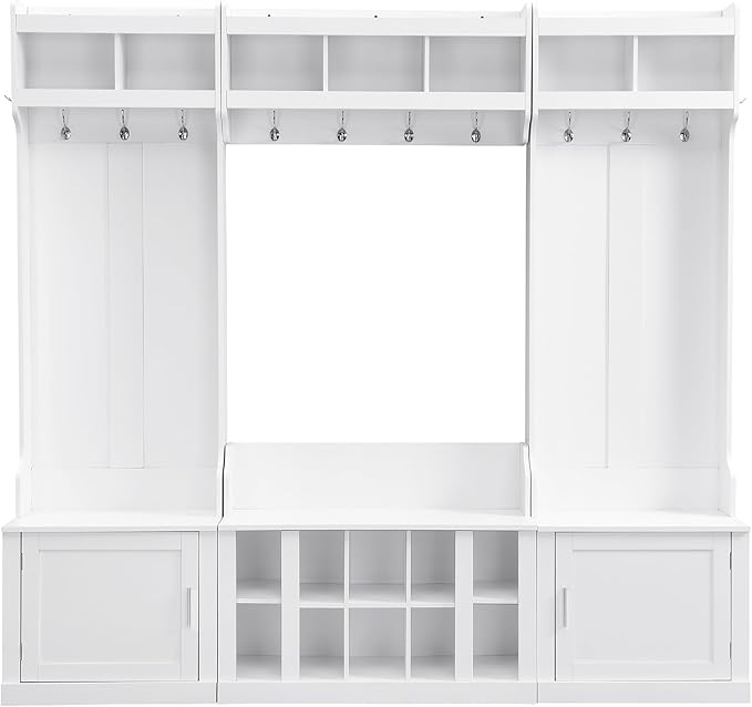 Modern Hall Tree with Storage and Bench, 4-IN-1 Multi-Functional Entryway Bench with Coat Rack and Shoe Cubbies, Practical Furniture for Mudrooms Organization Entryway Living Room (White-65f)
