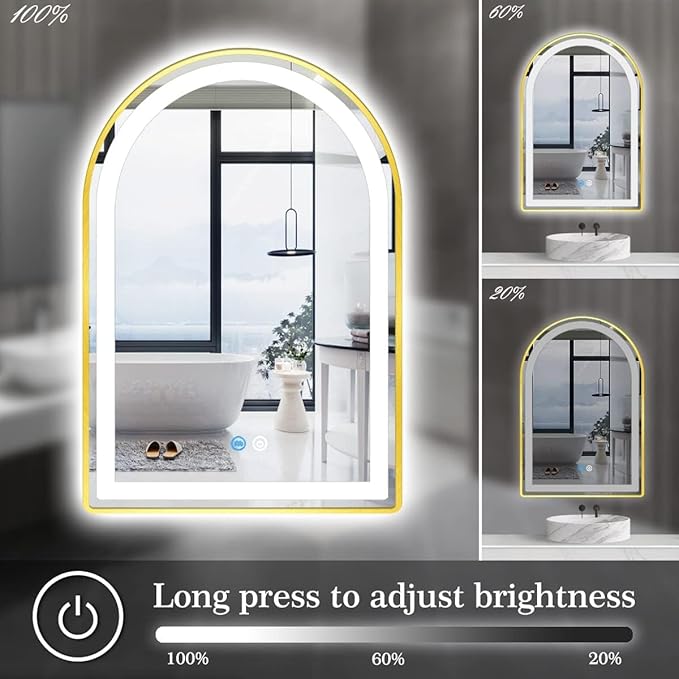 26 x 38 Inch Gold Frame Arch LED Mirror for Bathroom Salon Wall Makeup Table Arch Lighted Vanity Mirror with Lights Smart Memory 3 Color Dimmable AntiFog 38" Gold Smart Light up Arched Mirror
