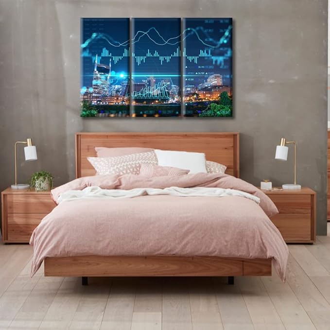 Concept of Internet Trading Brokerage and Analysis Pictures Home Decor 3 Panels Night Skyline Tennessee USA PaintingsWall Art for Bedroom, Room, Office. Print on Canvas Ready to Hang (60"Wx40"H)