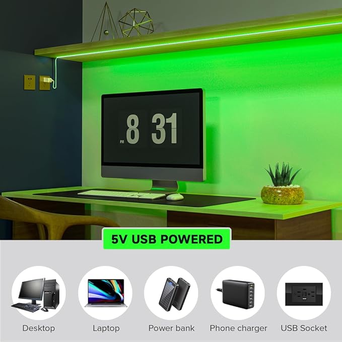 BTF-LIGHTING FCOB USB Powered Green Color COB LED Strip Lights 9.8FT 960LEDs 5V 8mm Width 90+ High CRI Ultra Bright Flexible Light for TV Backlight Display Cabinet PC DIY Decor