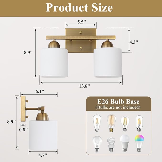 Milk Glass Vanity Lights for Bathroom, 2 Light Brass Bathroom Light Fixtures Over Mirror, Ceramic E26 Sockets Wall Mounted