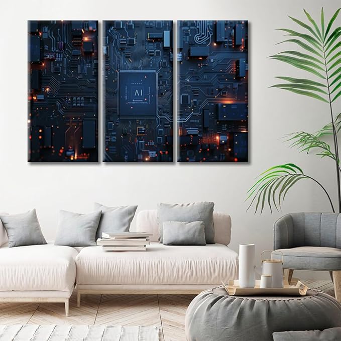 3 Panel Canvas Prints Wall Art Circuit Board Pictures Pictures Frame Wall Decor Advanced Electronic Circuit Network Home Office Bedroom Decorations Framed Ready to Hang (42"Wx28"H)