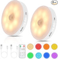 RGB LED Rechargeable Motion Sensor Light Indoor with Remote, Long-Lasting Battery, Bright & Dimmable, Stick-On Puck Night Light for Closet, Cabinet, Kitchen, Stairs, Shelves - Warm & RGB 2Pack