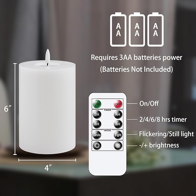 Flameless Flickering 4" x6" Real Wax White Remote Candles with Candle Grease, Pack of 2 Timer LED Battery Operated Fake Warm Light Pillar Candles for Home, Banquet, Ceremony Decoration