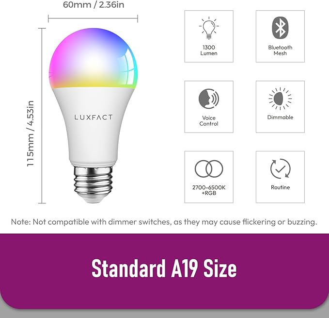Alexa Light Bulbs 130W Equivalent, Smart Light Bulbs Directly Works with Alexa, RGBCW Color Changing light bulb, 90+CRI, A19 E26 Bluetooth Light Bulb, No WiFi Required, 12W 1300LM, 4 Pack