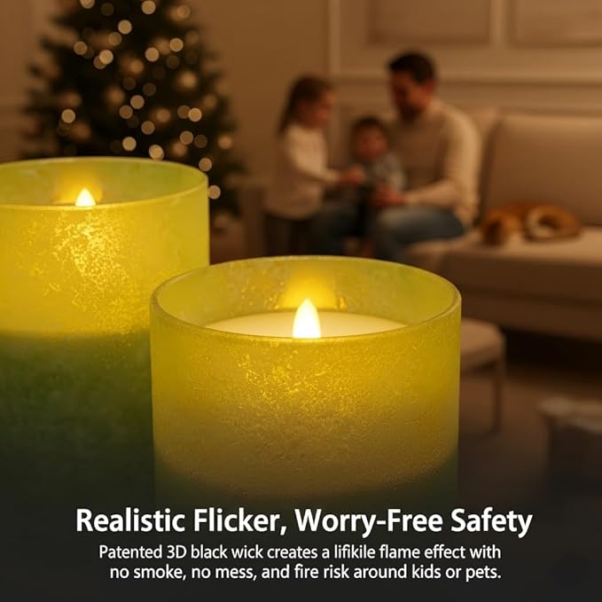 ANGELLOONG Green Flameless Candles with Remote, Glass Battery Operated LED Pillar Candles Flickering for St. Patrick's Day Christmas Home Decor, Set of 3