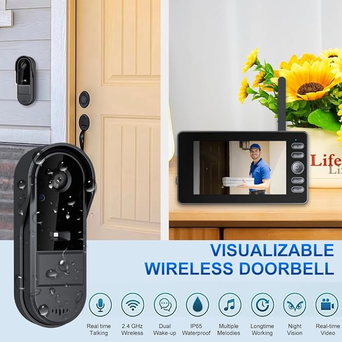 Doorbell Camera Wireless No Subscription with Monitor for Home/Apartment, Timbre con Camara 1080P No App/WiFi Needed, Video Intercom 2-Way Talk,Waterproof Door Bell with Recording & Night Vision