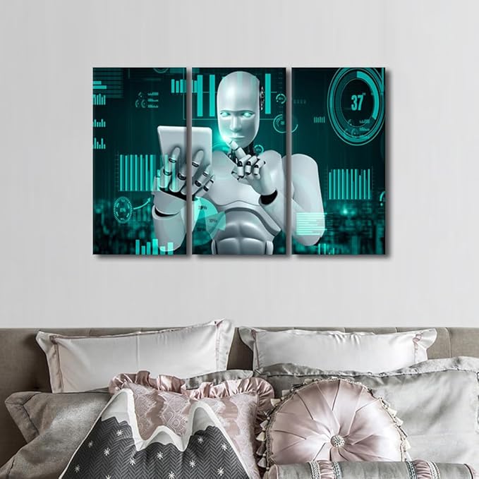 TUMOVO Robot Wall Art Canvas Print AI Intelligence Pictures Paintings Big Data Analysis Posters and Prints on Canvas Modern Artwork for Home Walls Stretched and Framed Ready to Hang, 36" Wx24 H
